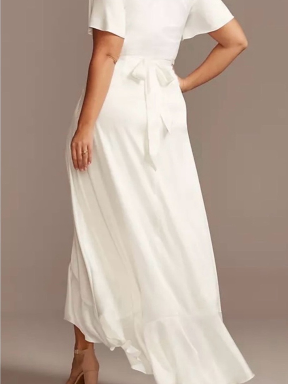 David’s bridal White Satin Wrap Dress with Ruffle Hem - Picture 5 of 6